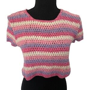 Y2k Crochet Coquette Style s/s Stripe Crop Top Pink, Purple Size M Nouveaumonde